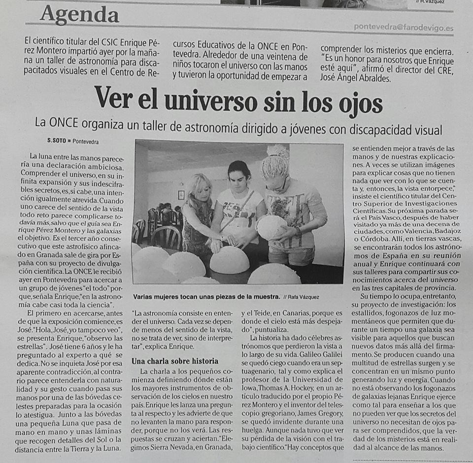 Reportaje a nuestro compañero Enrique Pérez Montero en el periódico "El Faro de Vigo": Ver el universo sin los ojos